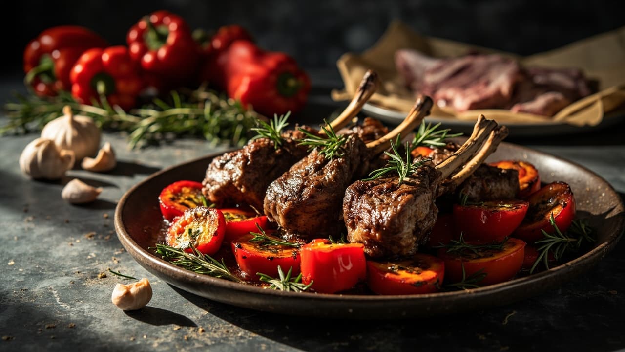 Lamb Chops with Roasted Peppers, Rosemary and Thyme