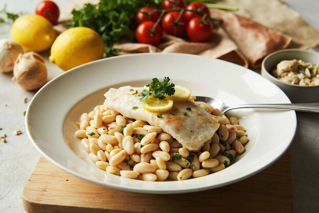 Lemon-Garlic Cod Over White Beans