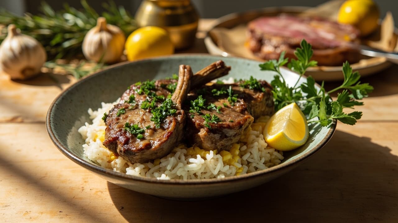 Lemon-Herb Lamb Chops Served Over White Rice
