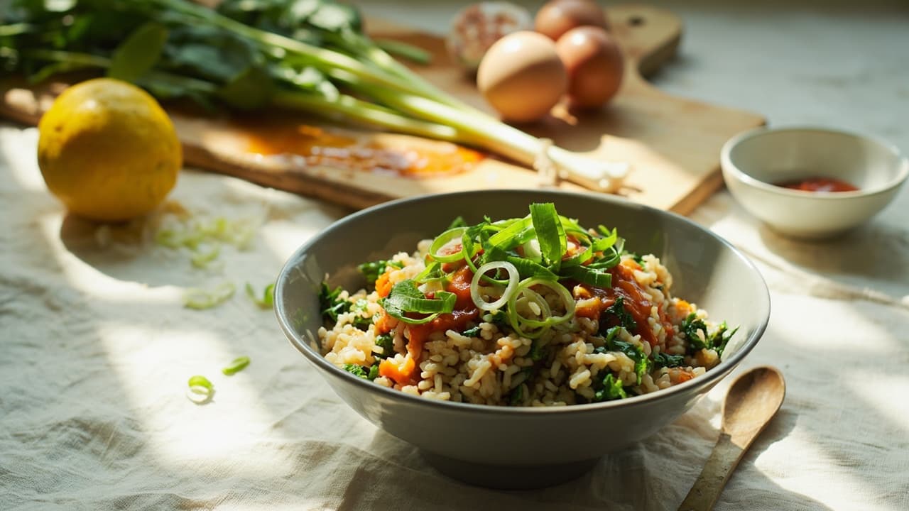 Lemon Spinach Rice with Sriracha Drizzle