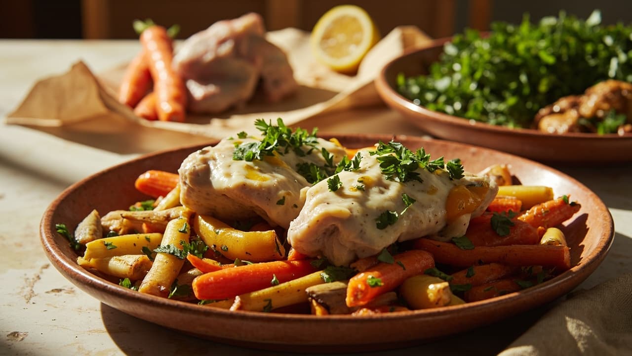 Lemon Yogurt Chicken Thighs with Roasted Carrots and Parsnips