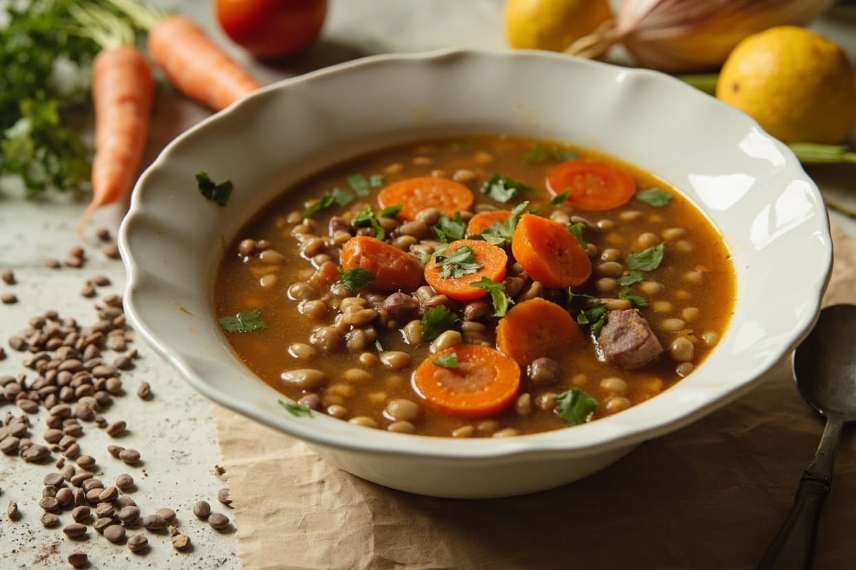 Lemony lentil soup with soft carrots