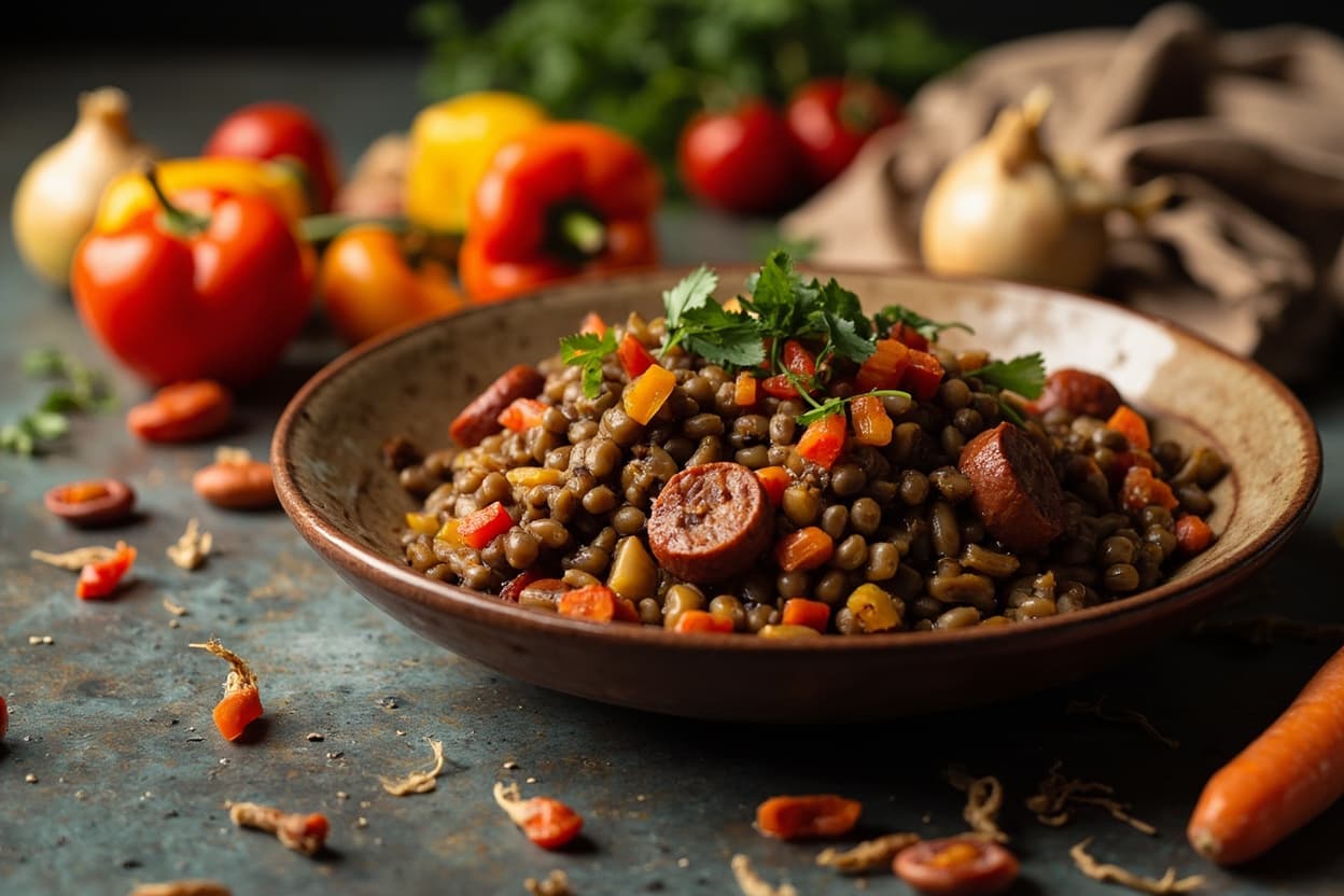 Lentejas Estofadas with Sausage and Peppers