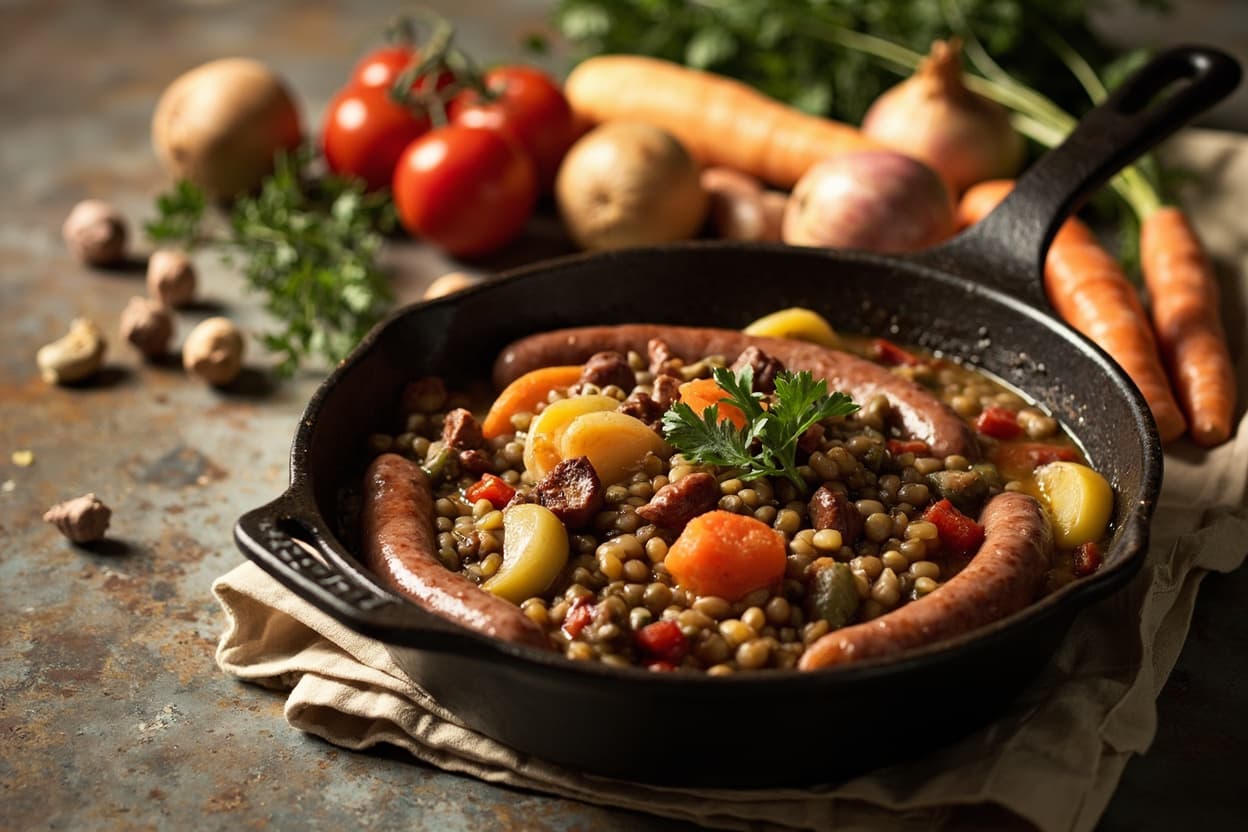 Lentil and Sausage Pot with Root Vegetables
