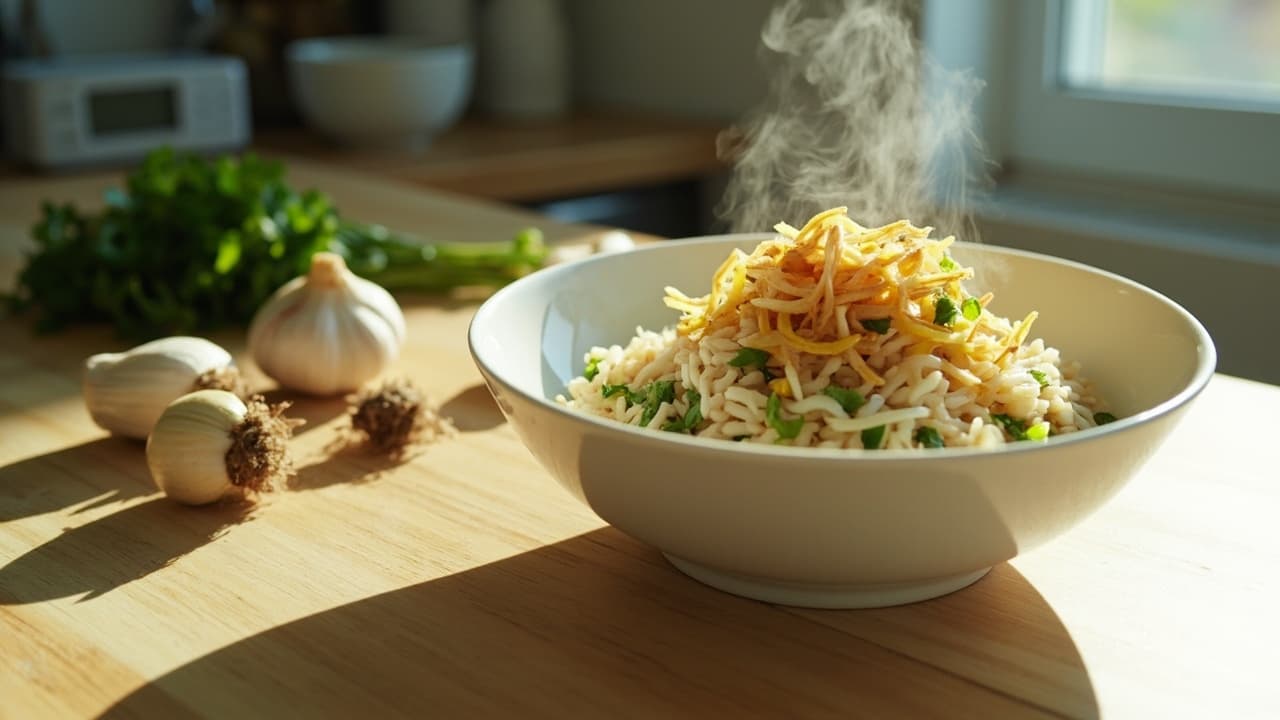 Microwave Garlic Yogurt Rice with Crispy Shallots