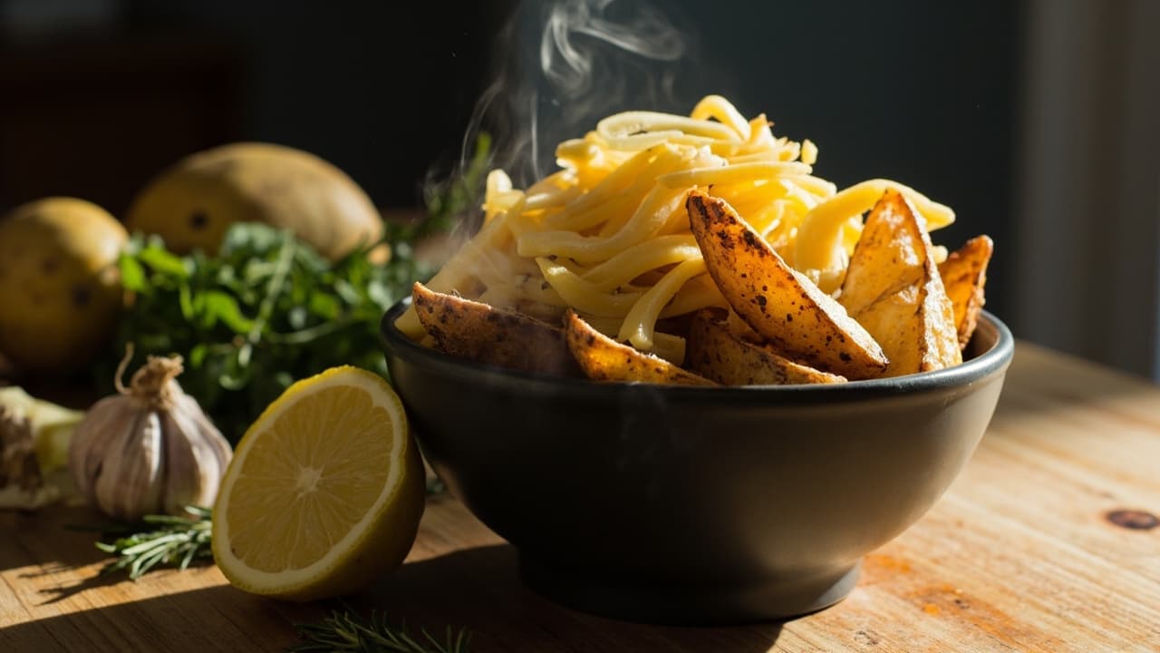 Microwave Lemon-Herb Potato Wedges with Crispy Cheddar