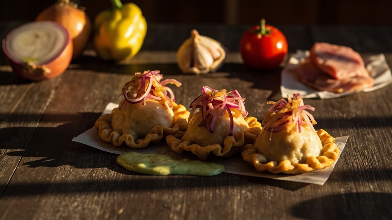 Mini Feijoada Empanadas with Pickled Onion and Lime Crema