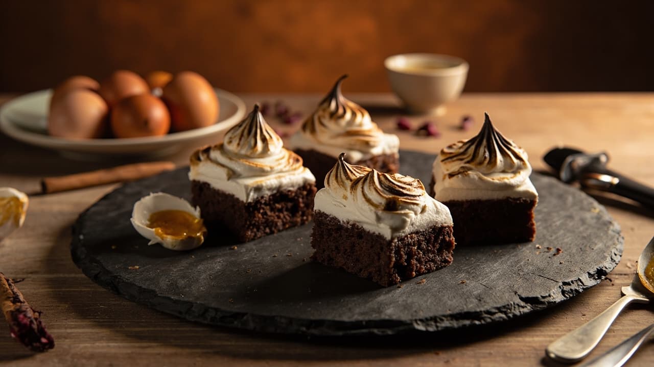 Molten Arbol Brownies with Torch-Finished Meringue