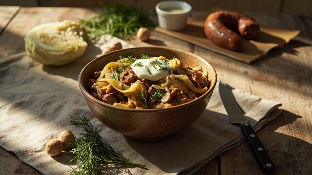 Mushroom and Sausage Braised Cabbage