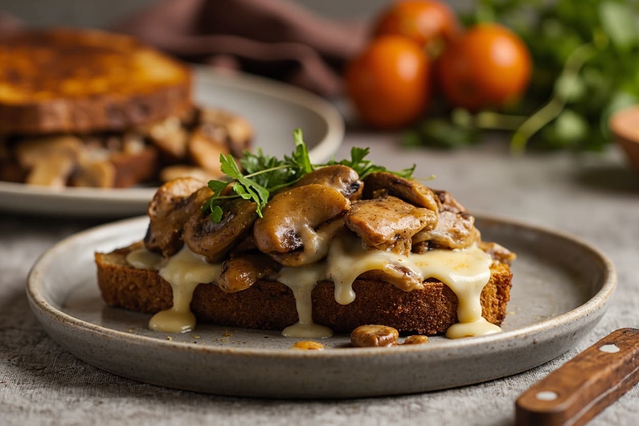 Mushroom and Swiss Cheese Open Sandwich