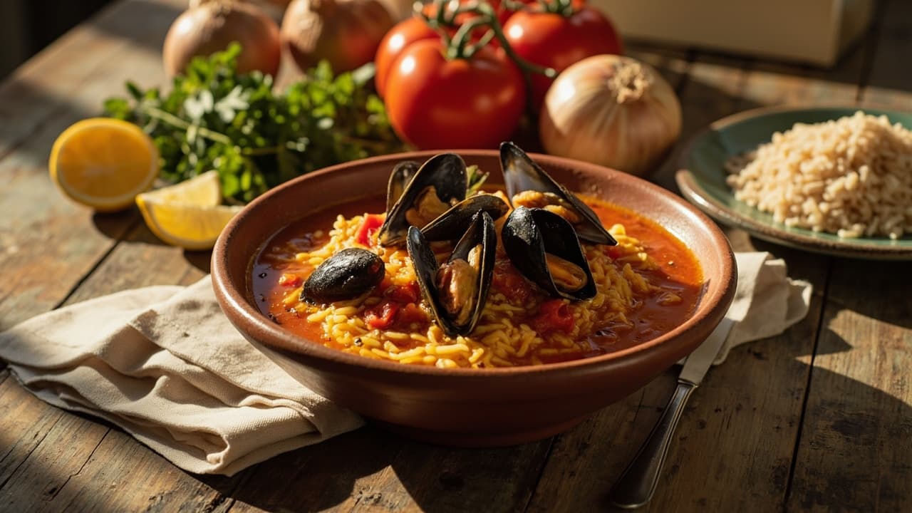 Mussels in Saffron Tomato Broth over Rice