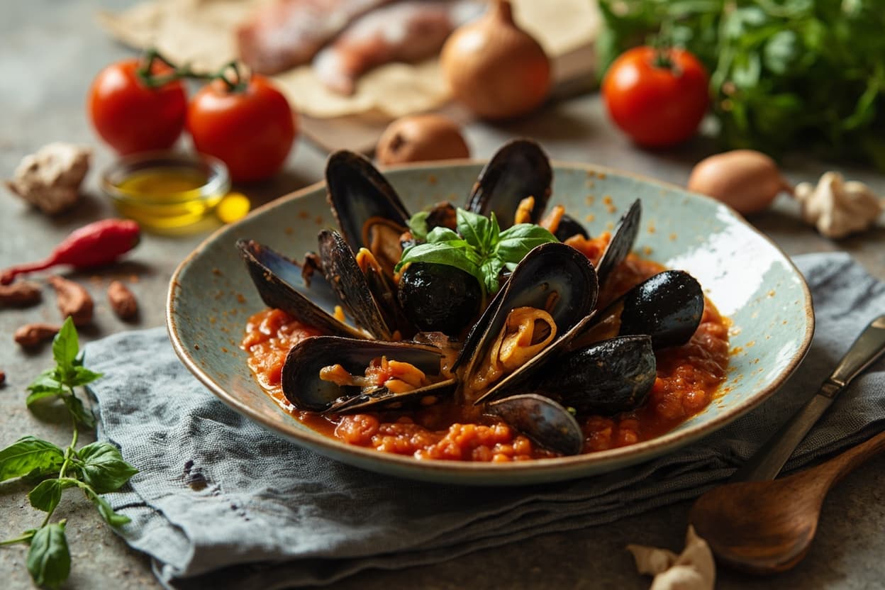 Mussels in White Wine, Tomato and Basil