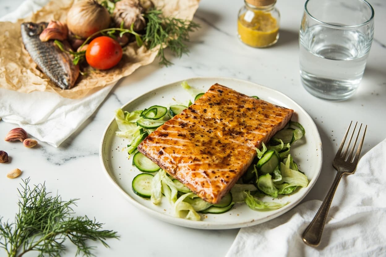 Mustard-Glazed Salmon, Quick Cucumber Salad