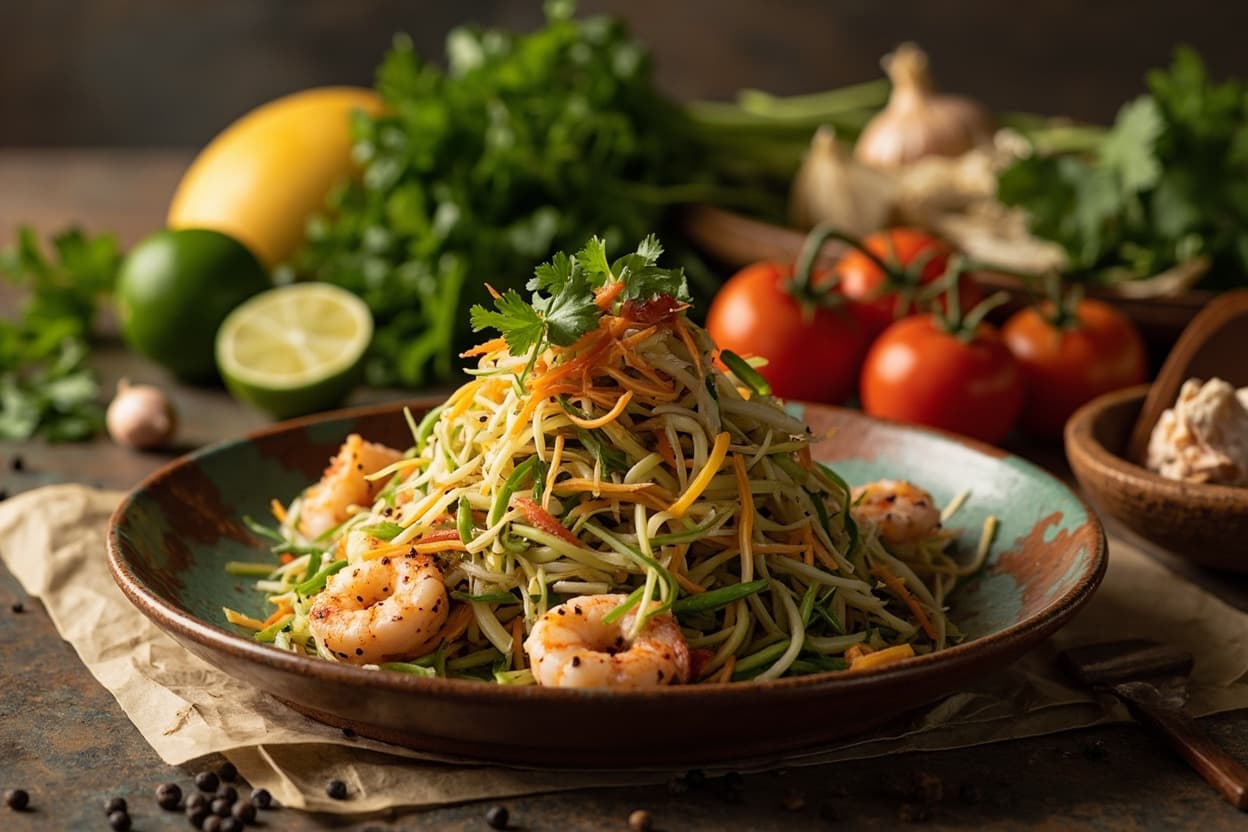 Nhoam Svay, Green Mango Salad with Pepper Shrimp
