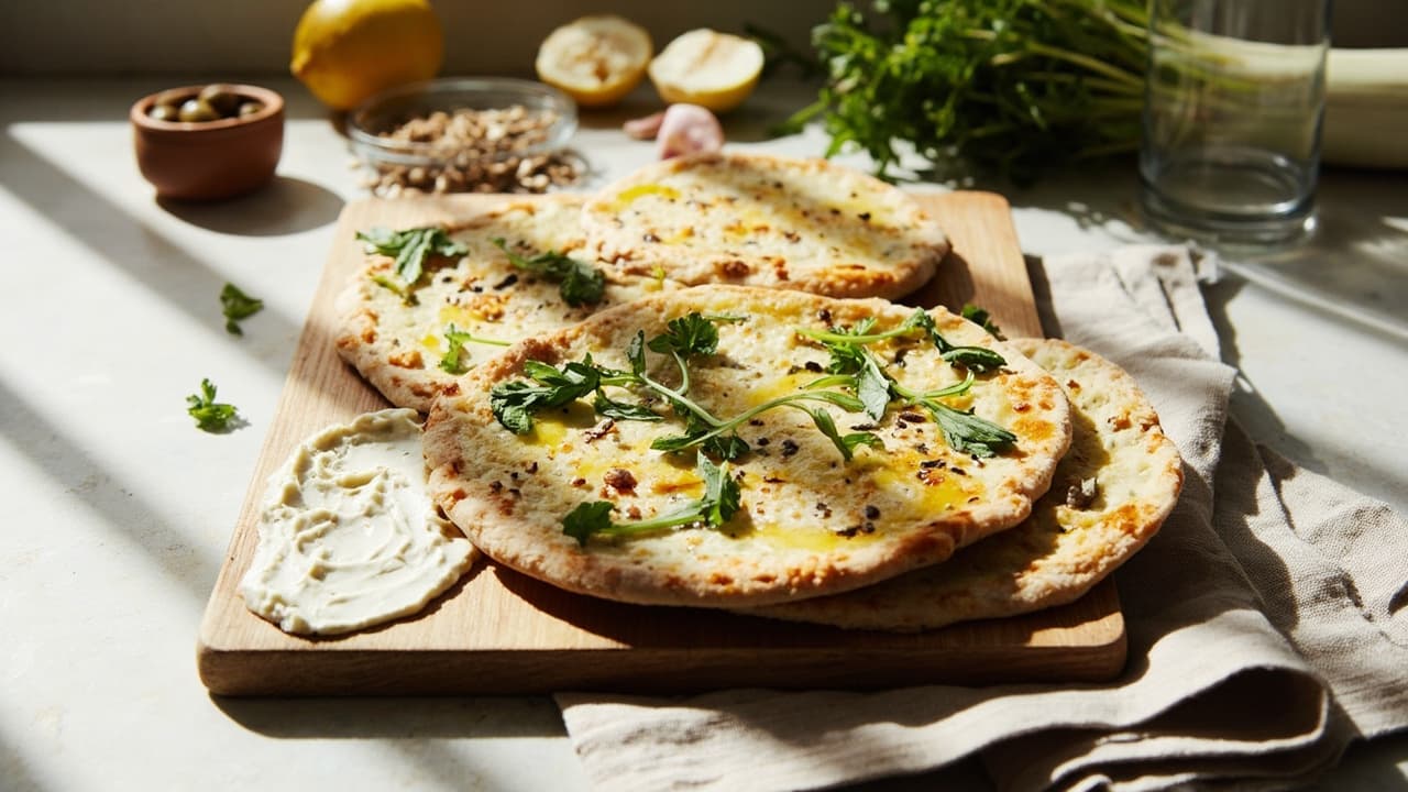 Oat Flour & Fennel Flatbreads with Sunflower Seed Spread and Fresh Herbs