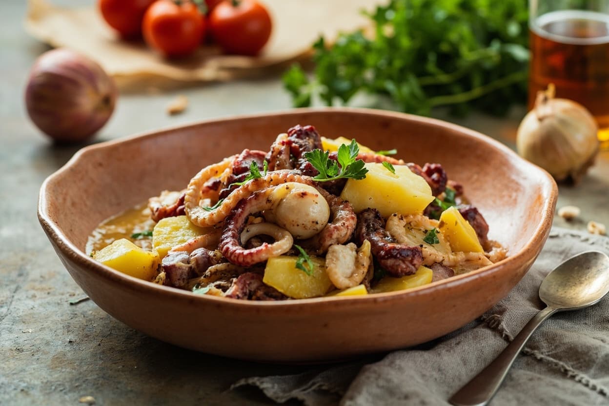 Octopus and Potato Salad, Sharp Onion Dressing