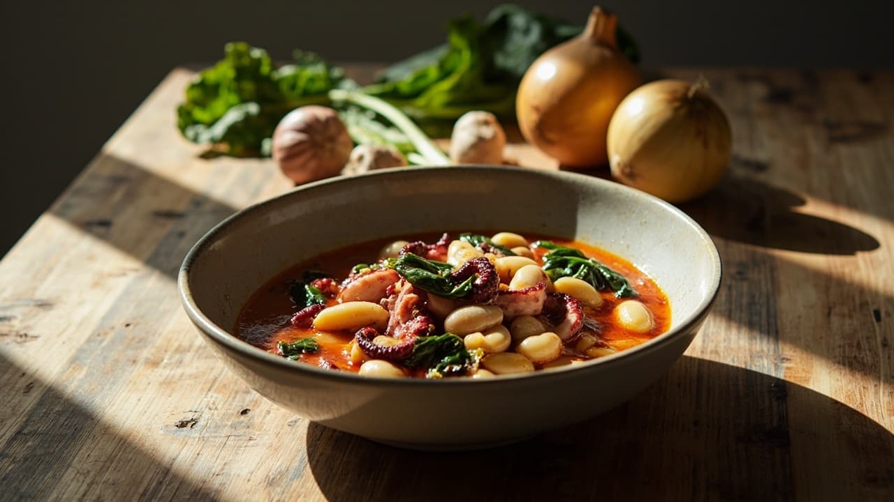 Octopus and White Bean Bake with Chard and Paprika