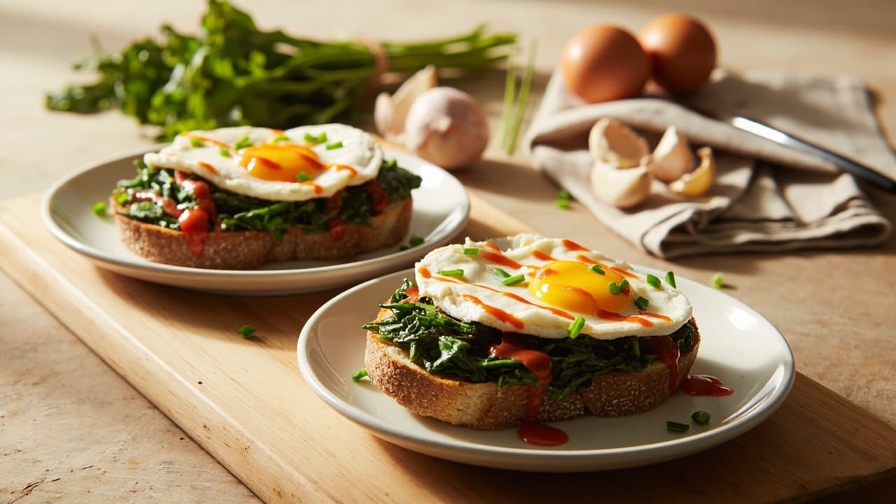Open-Faced Spinach and Egg Sandwich with Sriracha Mayo