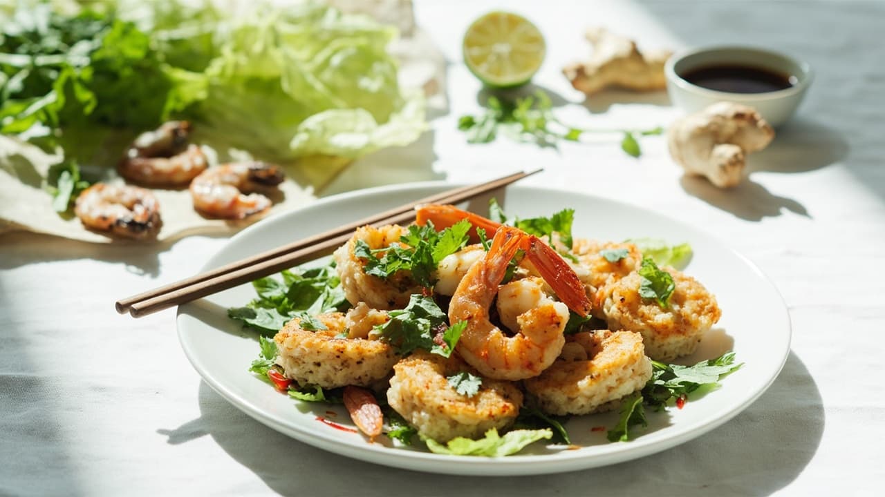 Pan‑Fried Rice Cakes with Shrimp and Herbs