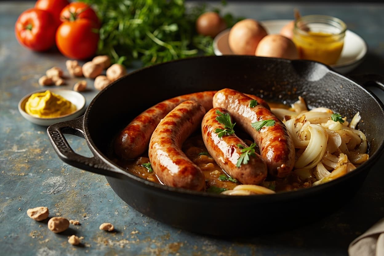 Pan Sausages with Caramelized Onions and Mustard