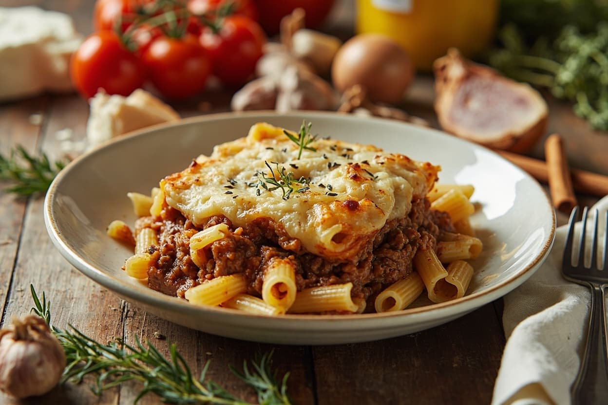 Pastitsio Baked Pasta with Beef and Feta Crust