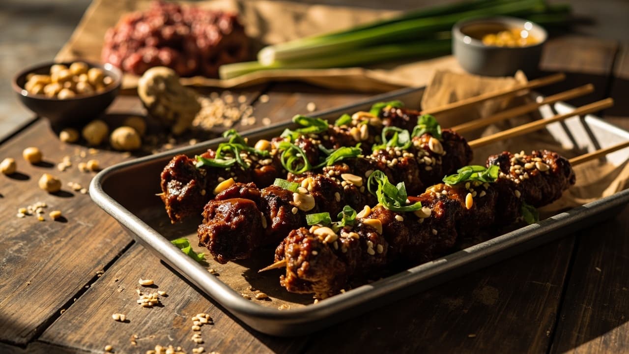 Peanut Sesame Ground Beef Skewers with Scallion