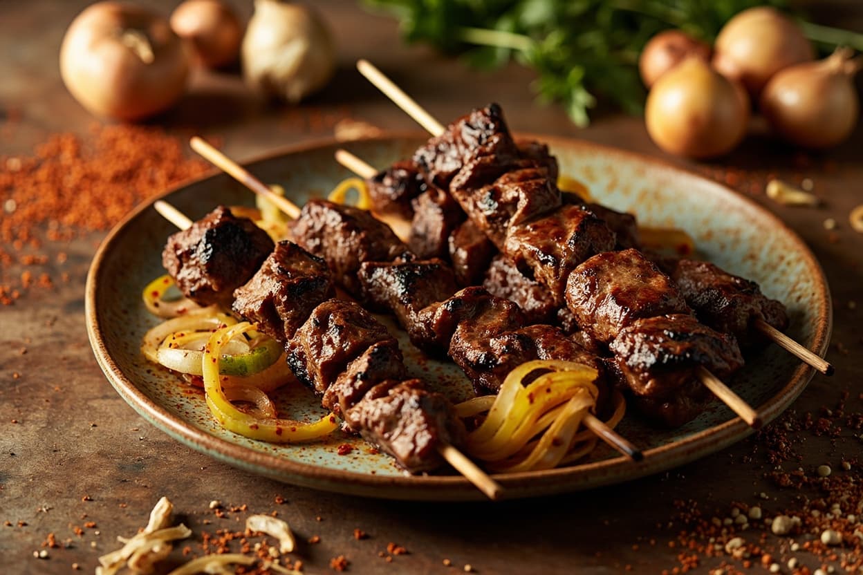 Peppered Beef Suya Skewers with Onions