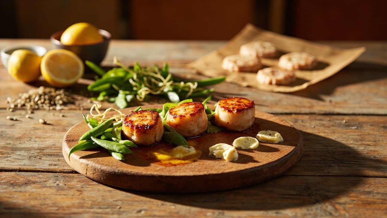 Peri-Peri Scallops with Snap Peas and Fennel Seed Butter