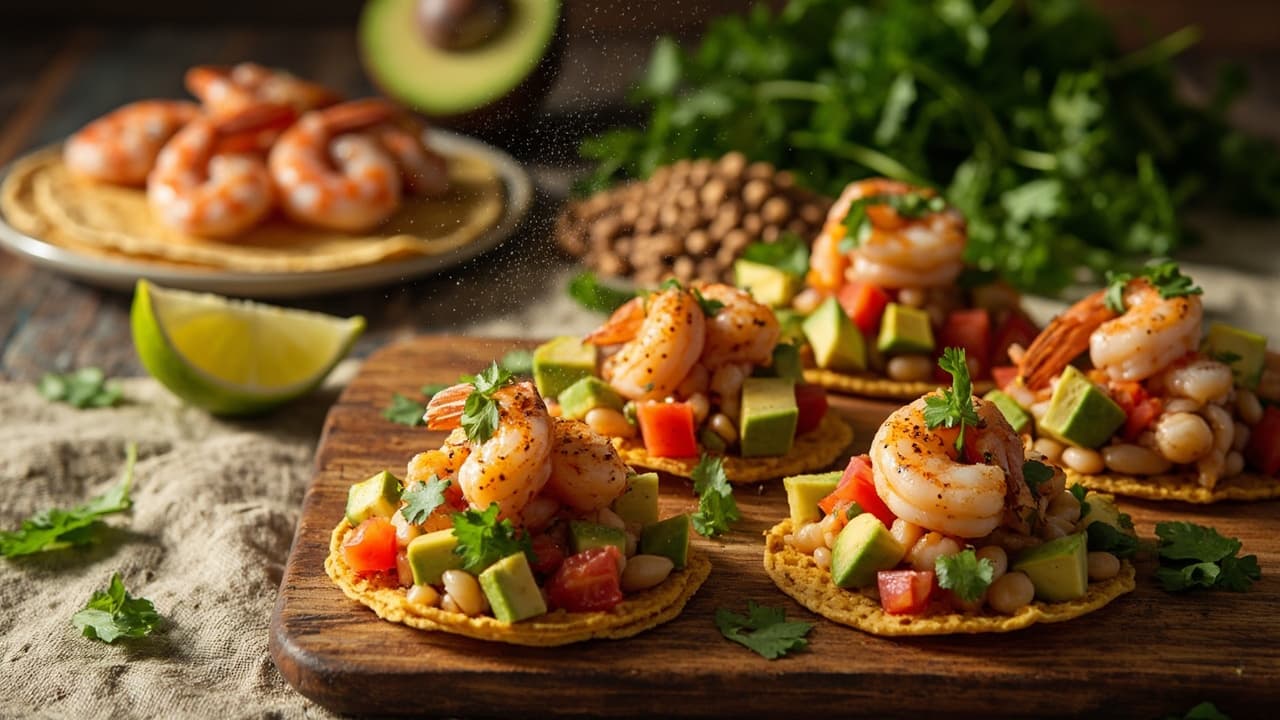 Peruvian Shrimp and Pinto Bean Tostada Bites