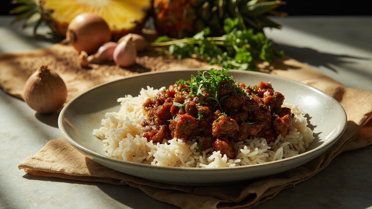 Pineapple-Glazed Ground Beef over White Rice