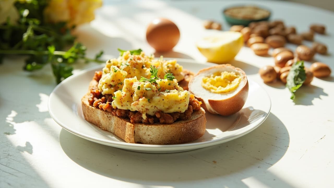 Pinto Bean and Smoked Paprika Bruschetta with Velvety Scrambled Eggs