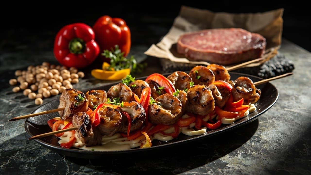Pinto Bean and Tuna Skewer with Charred Bell Pepper and White Vinegar