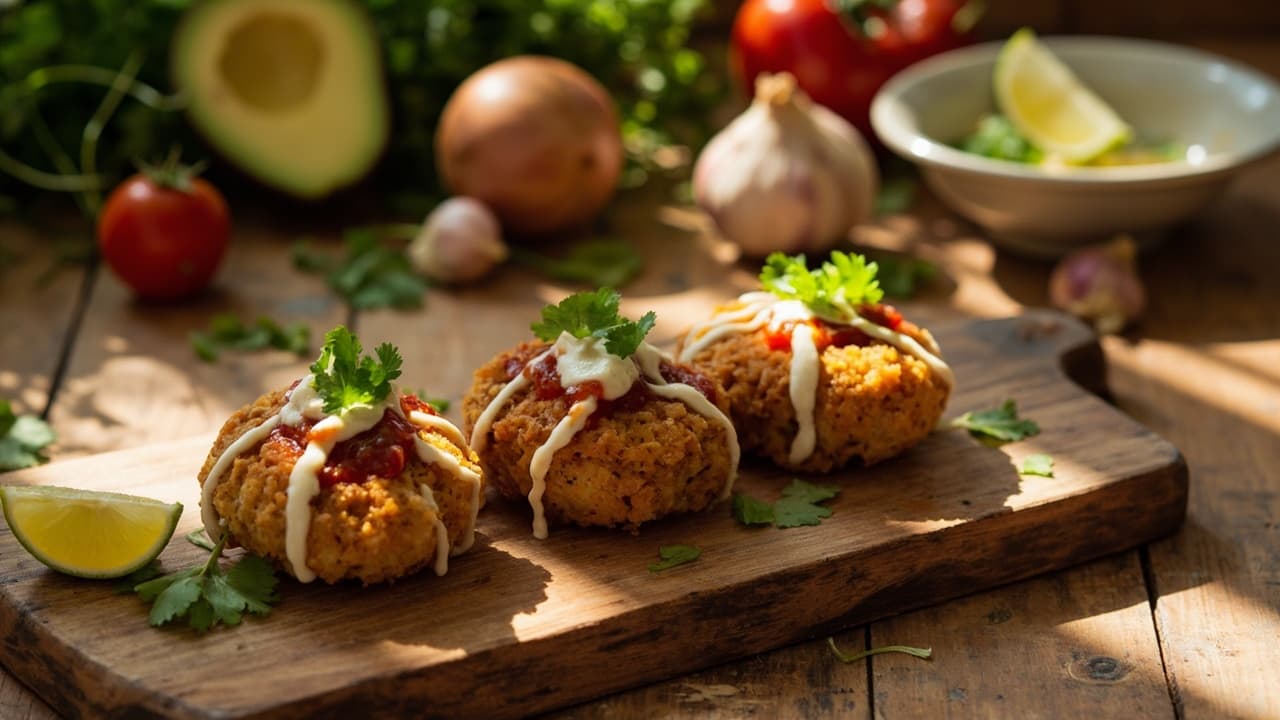 Pinto Bean Croquettes with Hogao and Lime Crema