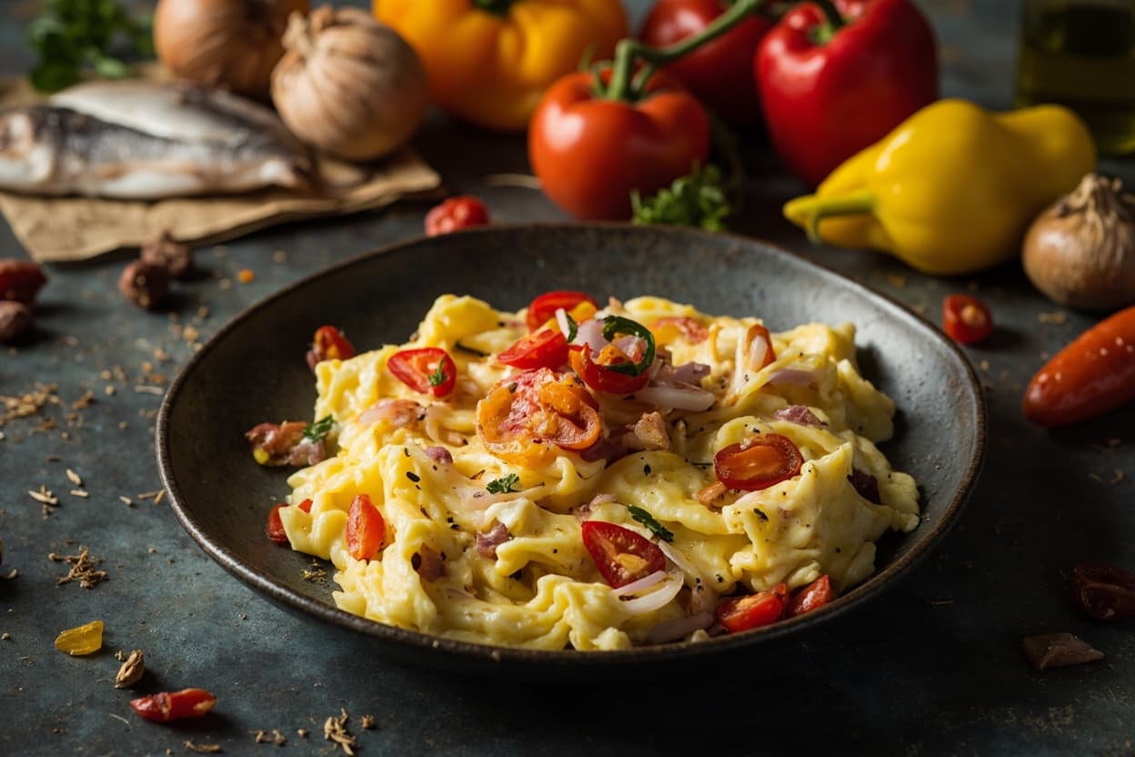 Piperrada Peppers Folded into Soft Eggs