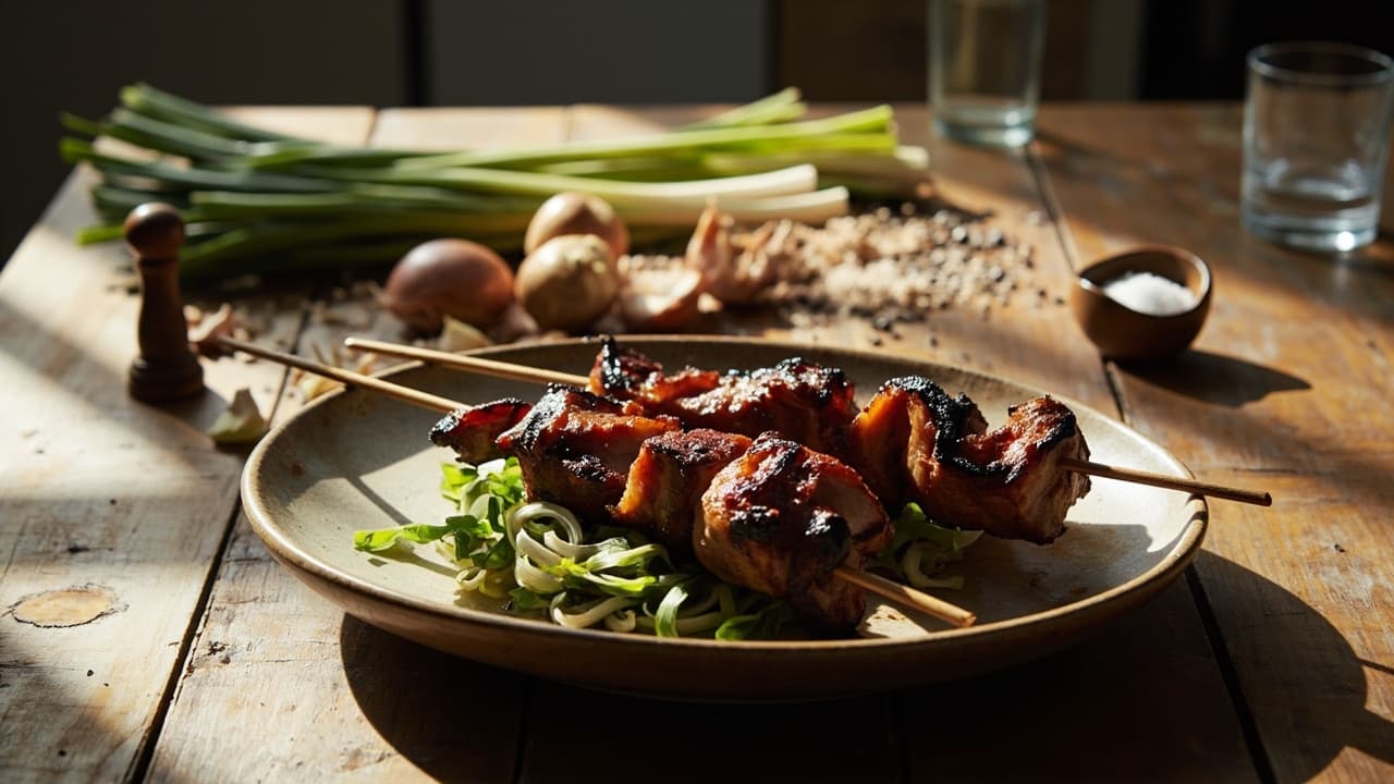 Pit-Smoked Pork Belly Skewers with Charred Scallion