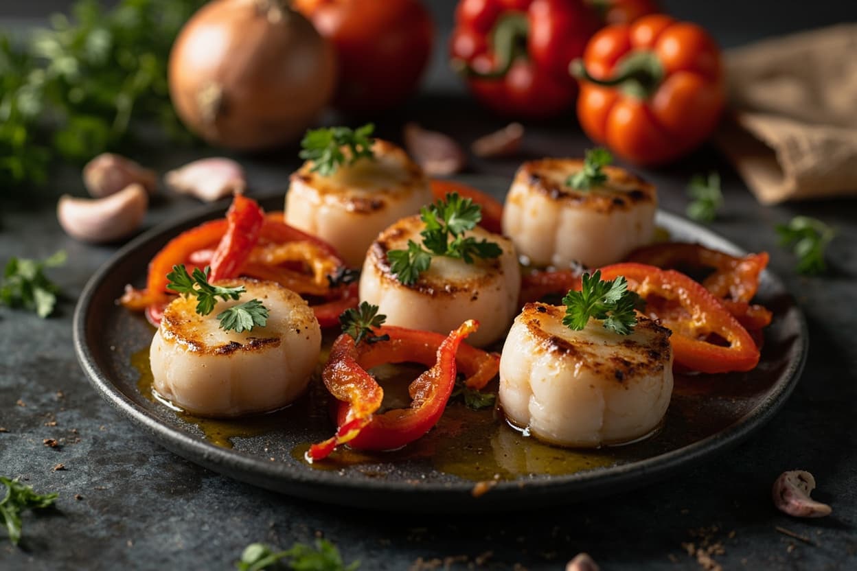 Plancha-Seared Scallops with Charred Peppers
