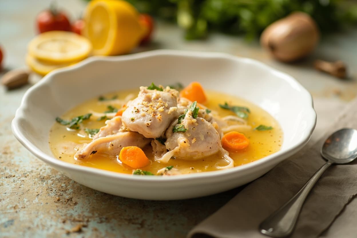 Poached chicken in clear lemon broth
