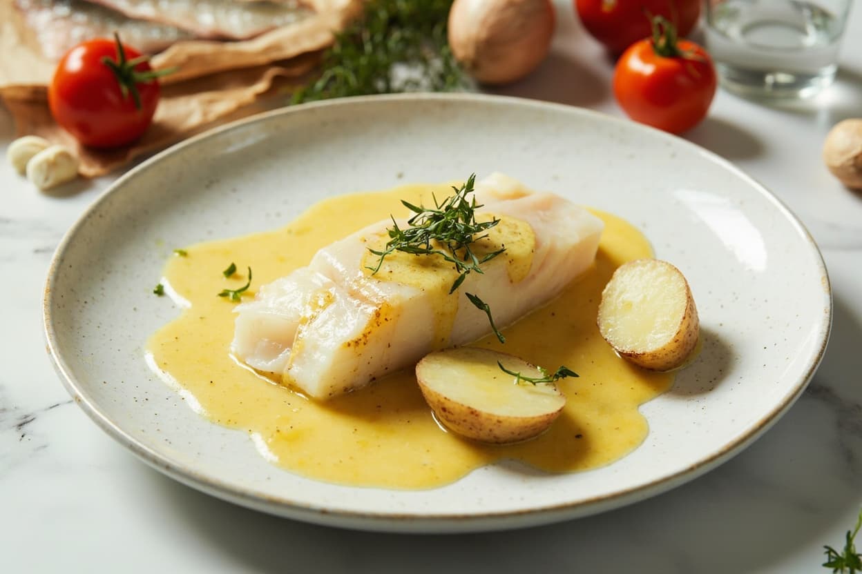 Poached Cod in Mustard Cream Sauce