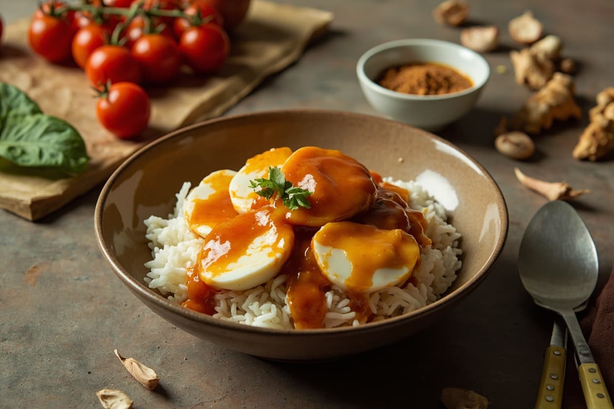 Pong Kho, Caramel Ginger Eggs over Rice
