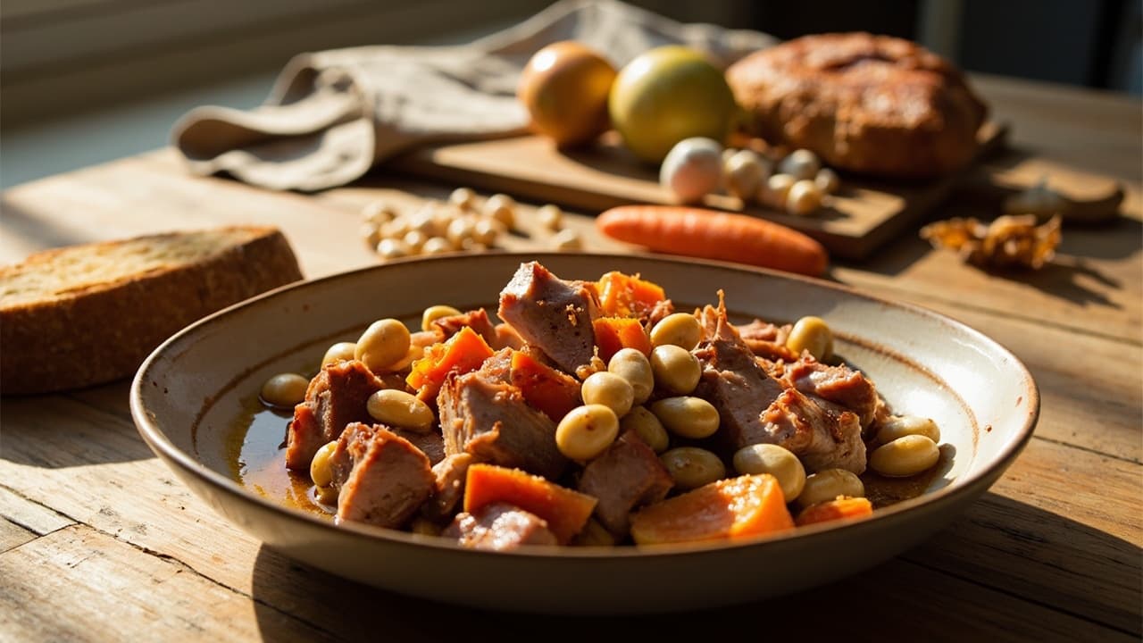Pork Belly and White Bean Skillet with Paprika and Carrot