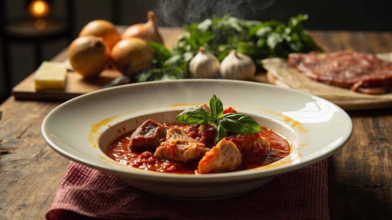 Pork Belly Braised in Tomato Sauce with Garlic and Basil