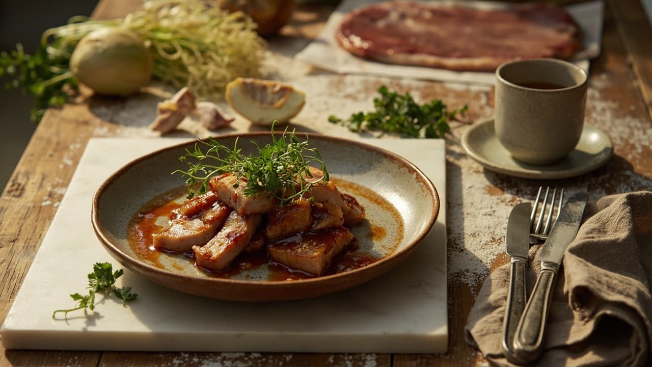 Pork Belly Confit with Garlic, Fennel, and Apple Cider Glaze