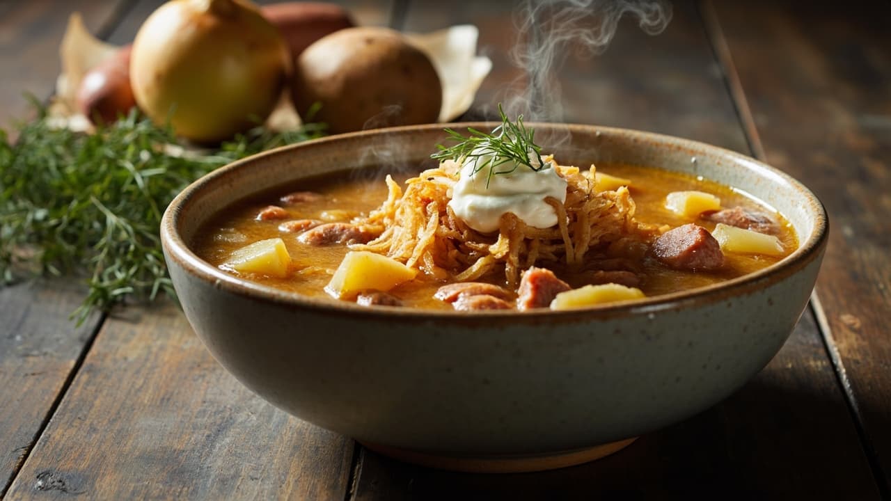 Potato and Sausage Soup with Fried Onions and Dill