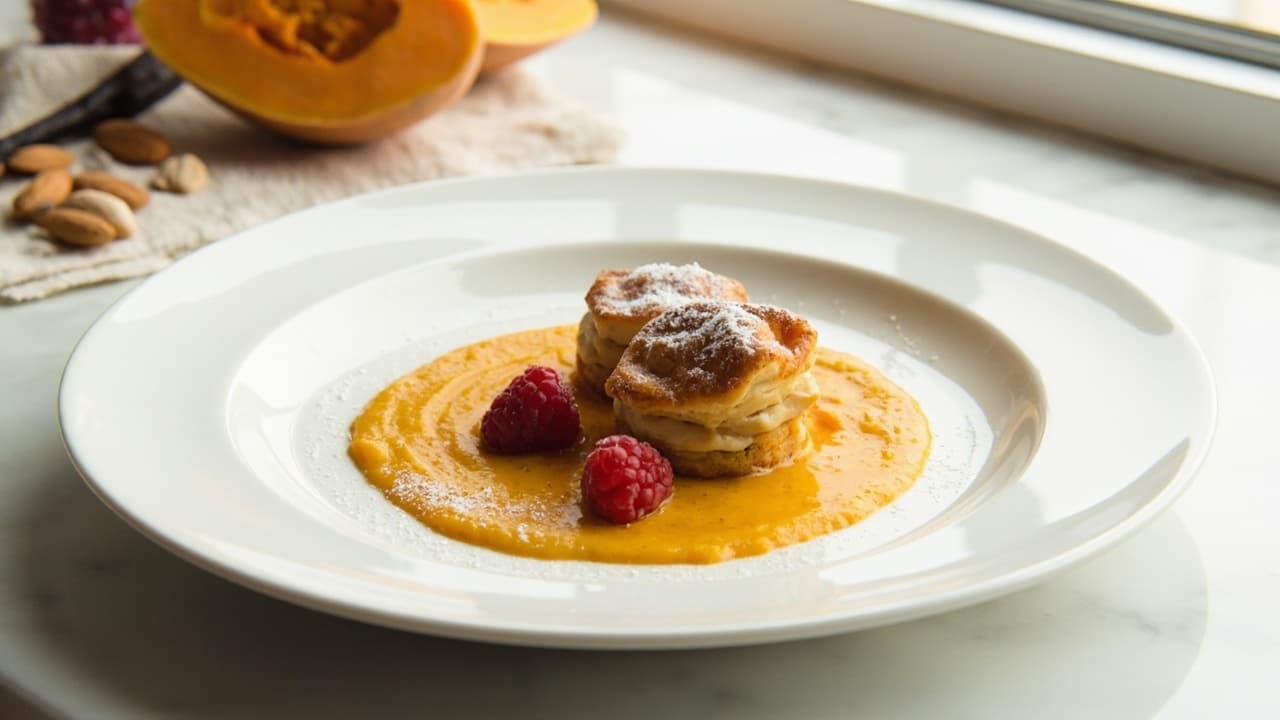 Raspberry Almond Financier with Butternut Squash Puree