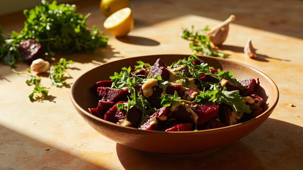 Roasted Beet Salad with Tahini and Fresh Herbs