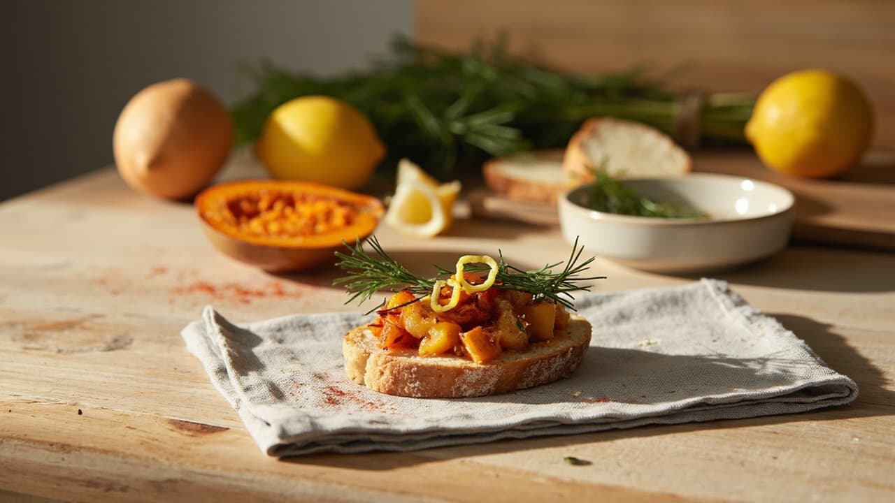 Roasted Butternut Squash Crostini with Smoked Paprika and Dill
