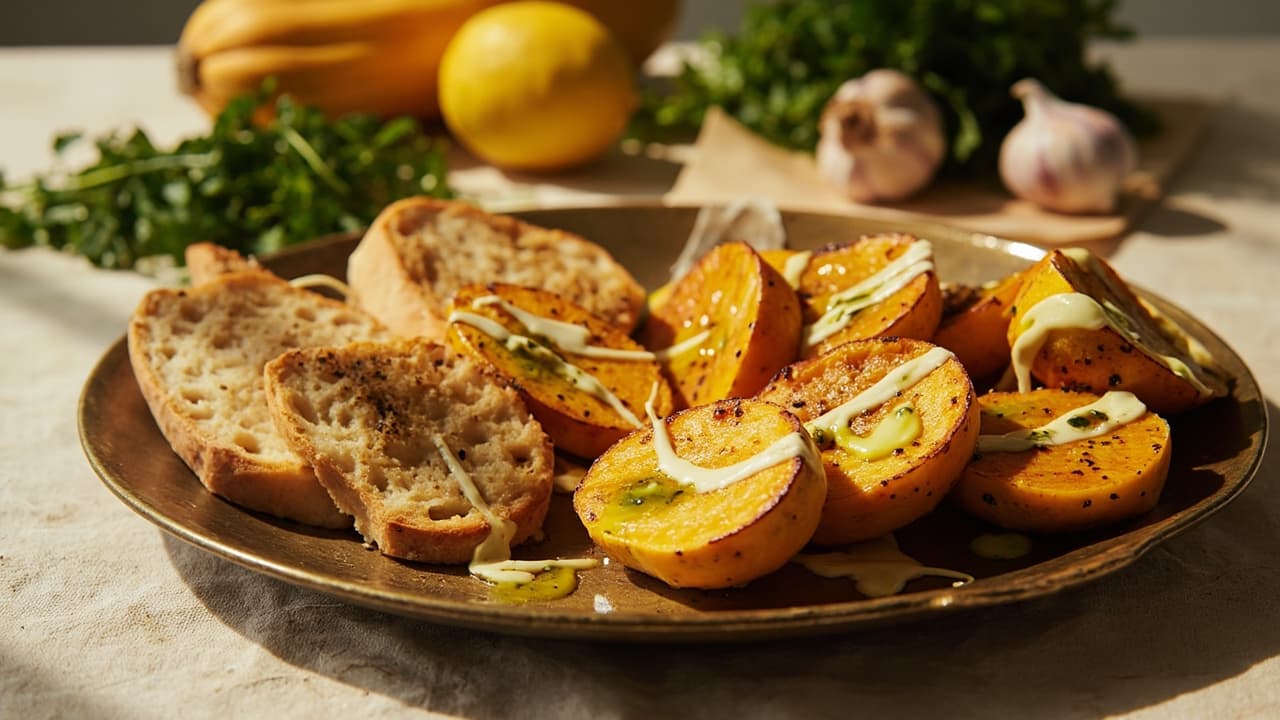 Roasted Butternut Squash Wedges with Herb Oil and Tahini Drizzle