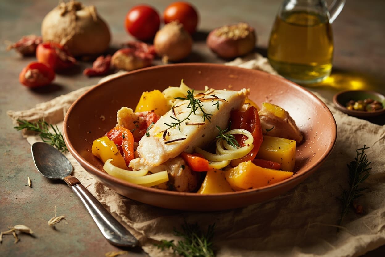 Roasted Cod, Saffron Peppers and Potato