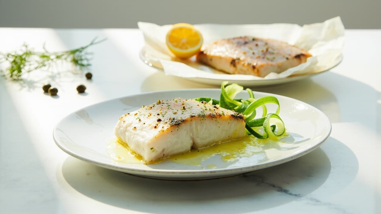 Roasted Cod with Caper-Dill Butter and Cucumber Ribbons