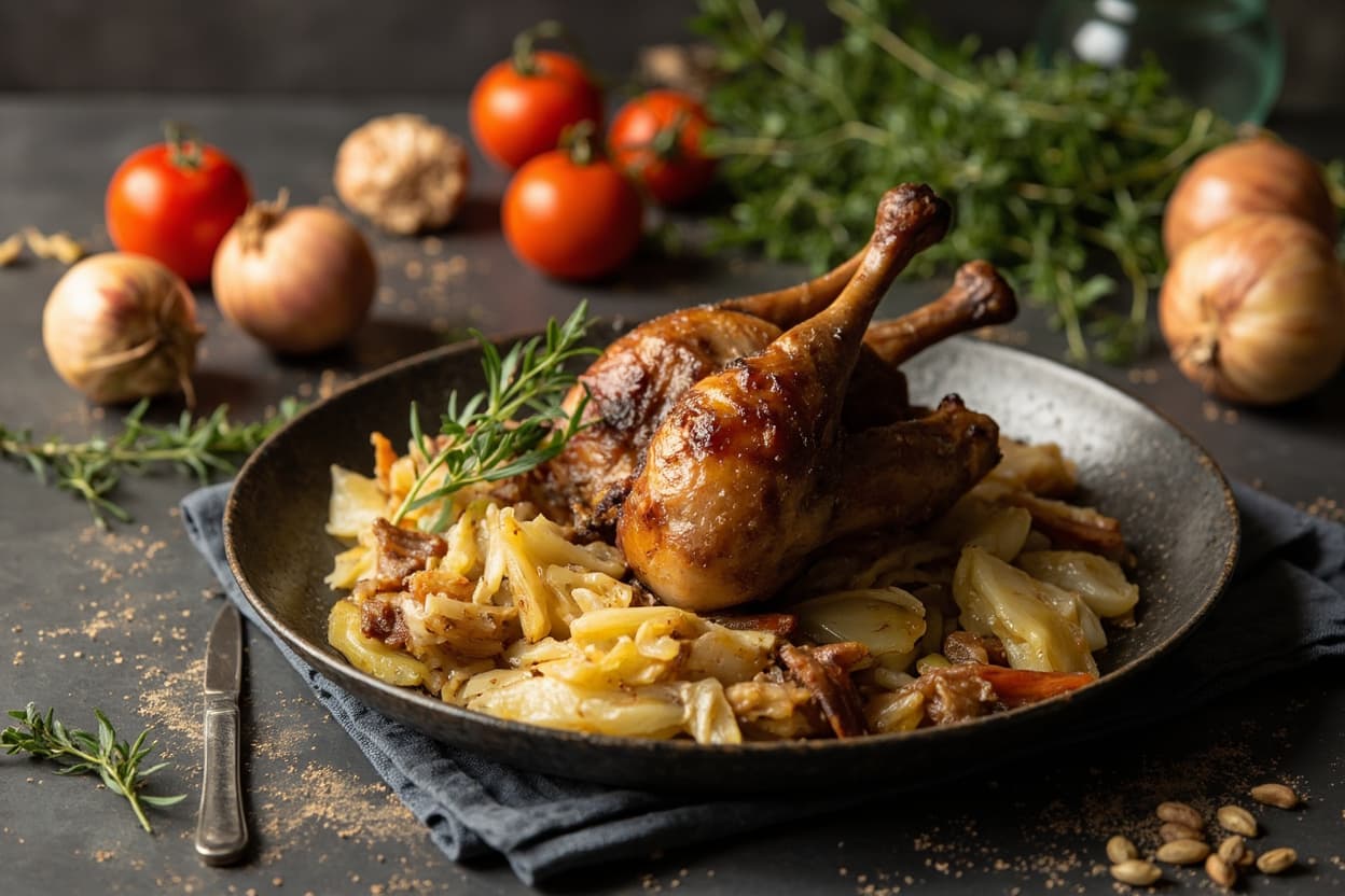Roasted Duck Legs over Apple and Cabbage